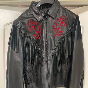 Fringed Black Leather Jacket with Red Floral Appliqué
